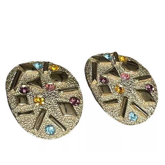 Vintage Sarah Coventry Clip On Earrings Sultana Gold Tone Multicolor Confetti - Picture 1 of 5